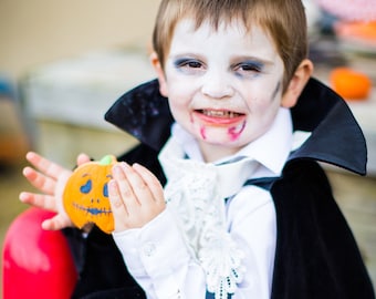 Disfraz infantil de vampiro Conde Drácula para Halloween: capa de terciopelo de algodón y jabot de encaje.