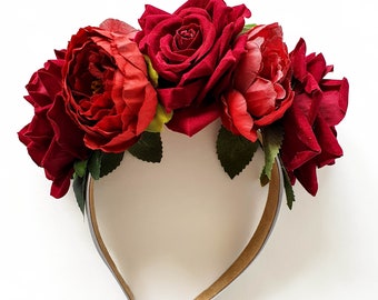 Coiffe fille Frida Kahlo Roses rouges | Couronne de fleurs Dio de los Muertos