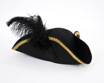 Black Felt Tricorn Pirate Hat Gold Trim and Feathers - Etsy display picture 1