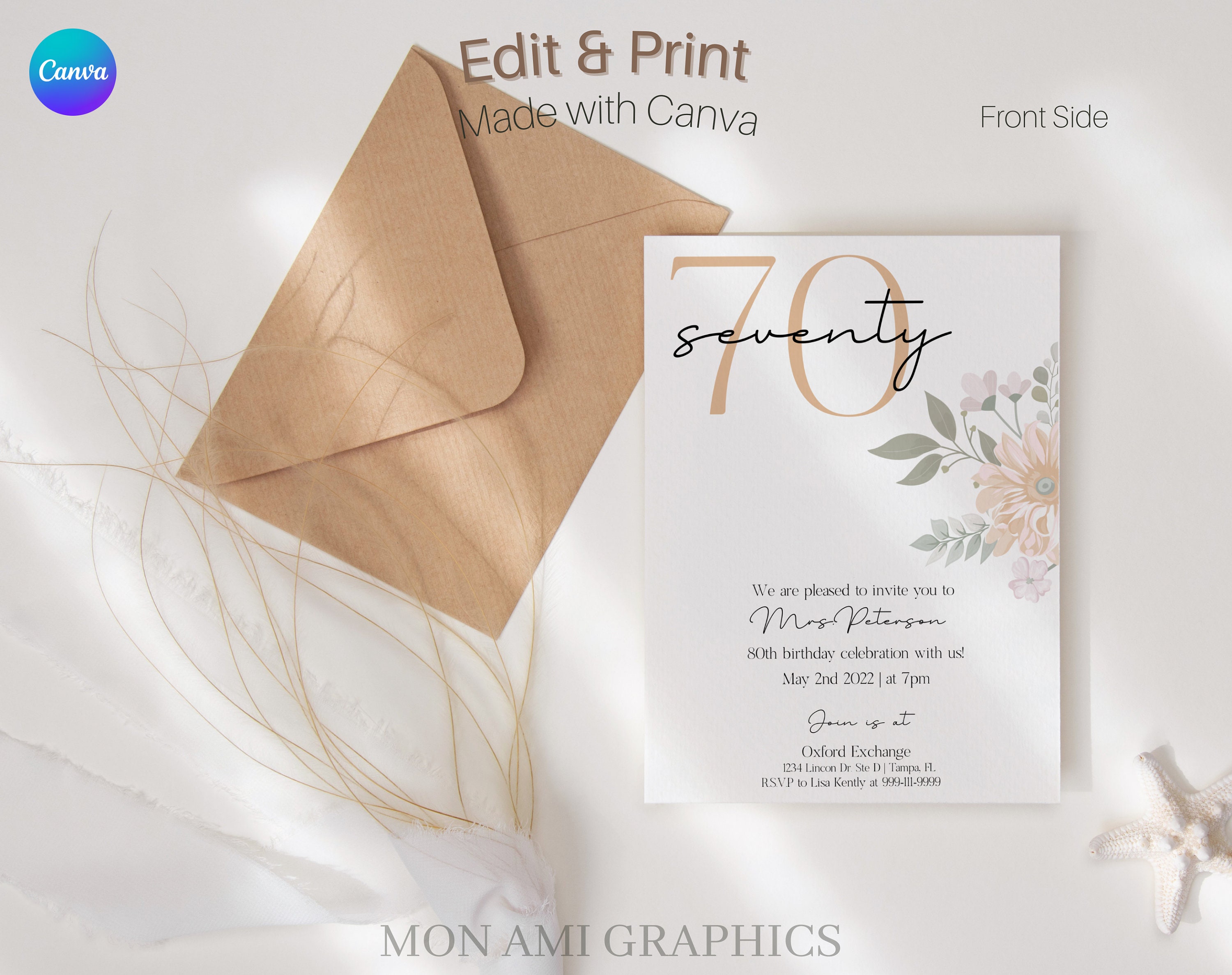 70th Birthday Invitation Template for Women | Minimalist Birthday Invitation  | Peach Floral Invitation for Women | Invitation Template Canva - Etsy, image size:3000x2373