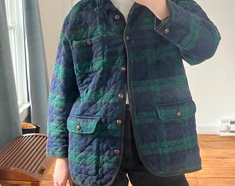 Chaqueta Talbots acolchada vintage en cuadros verdes y azules, talla M.