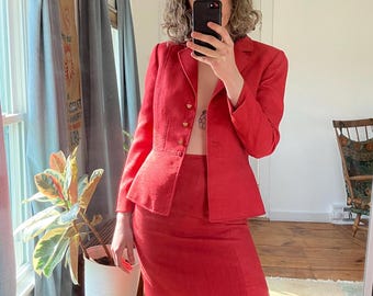 vintage coral red Elie Tahari woven skirt set, size 4