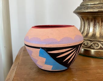 Jarrón geométrico estilo Acoma de Puebla, hecho a mano, de estilo vintage.