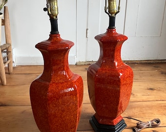 vintage elegant set of 2 coral red mottled glaze ceramic urn table/accent lamps