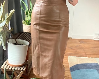 vintage women's brown leather pencil skirt by Firenze, size 26"