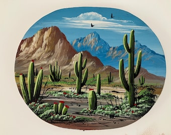 Paisaje del suroeste vintage único con cactus y montañas.