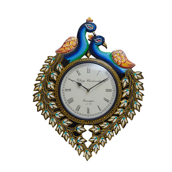 Royal Craft Palace 24-Inch Wooden Peacock Wall Clock for Home & Living Room