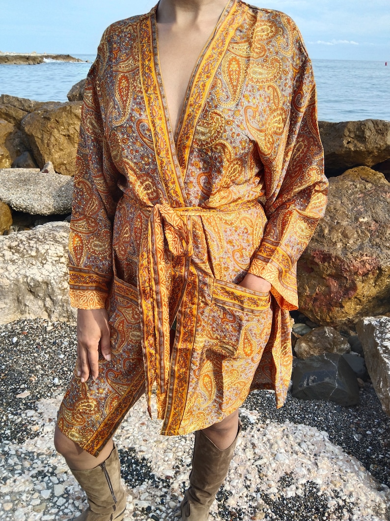 Unisex paisley silk robe,luxury kimono, resort wear, loungewear, gifts for him,gifts for her,swim cover up,beachwear,Fathers day gift image 6