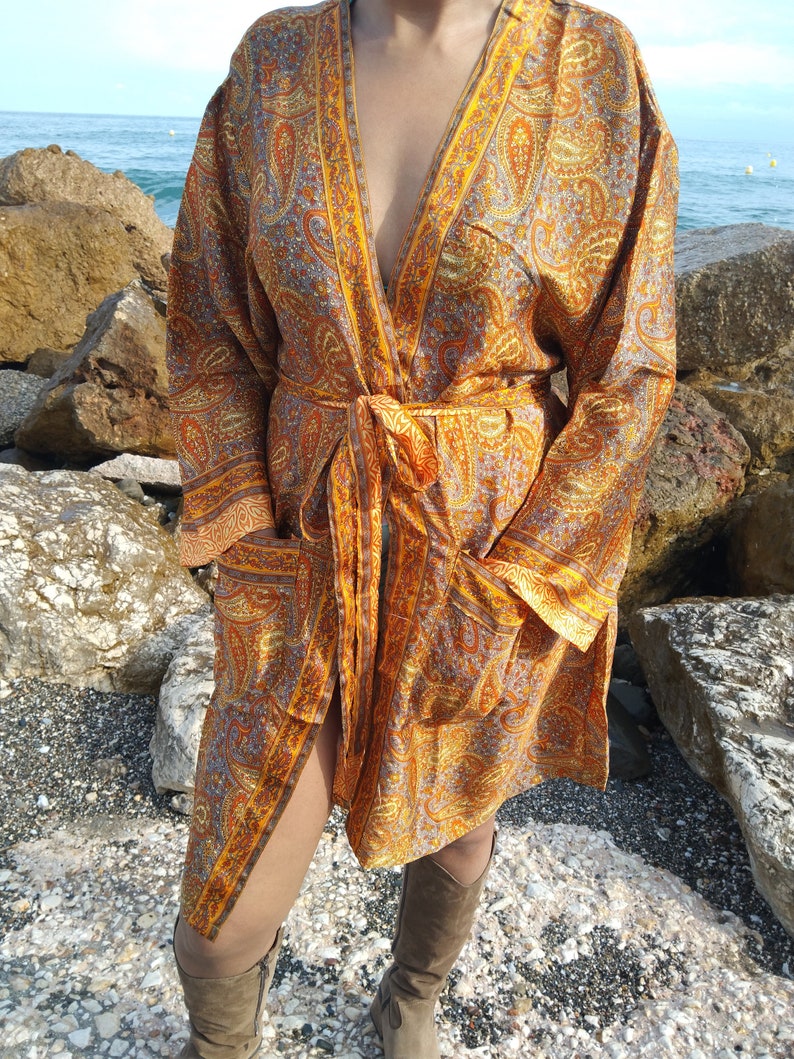 Unisex paisley silk robe,luxury kimono, resort wear, loungewear, gifts for him,gifts for her,swim cover up,beachwear,Fathers day gift image 4