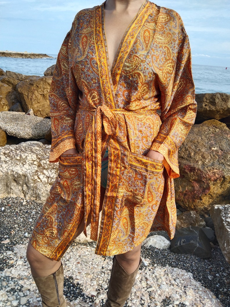 Unisex paisley silk robe,luxury kimono, resort wear, loungewear, gifts for him,gifts for her,swim cover up,beachwear,Fathers day gift image 7