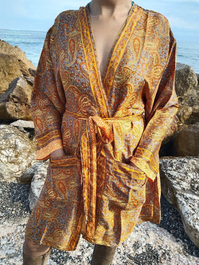 Unisex paisley silk robe,luxury kimono, resort wear, loungewear, gifts for him,gifts for her,swim cover up,beachwear,Fathers day gift image 1