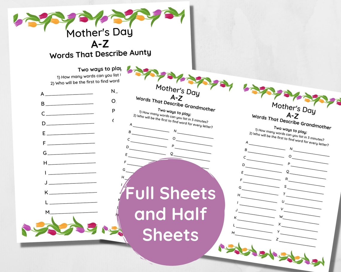 Mothers Day AZ Word Game Printable PDF in A4 and 8.5x11 Etsy