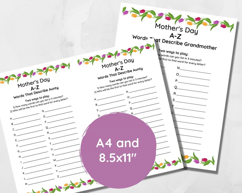 Mothers Day A-Z Word Game Printable PDF in A4 and 8.5x11 - Etsy