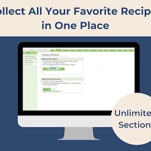 Peut inclure: Un &eacute;cran d'ordinateur affichant un site Web pour organiser des recettes. Le site Web s'appelle "Cookbook" et a un sch&eacute;ma de couleurs vert et blanc. Le texte &agrave; l'&eacute;cran indique "Editing Sections" et "Unlimited Sections".