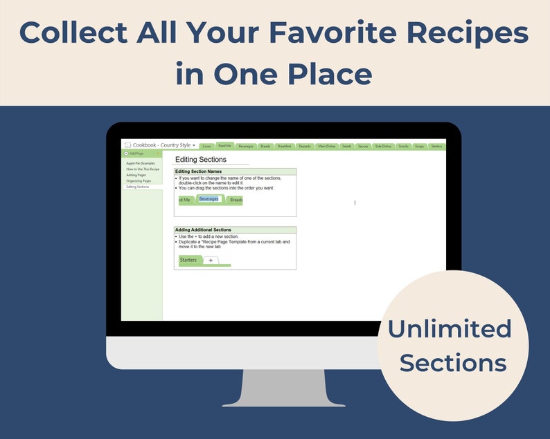 Peut inclure: Un &eacute;cran d'ordinateur affichant un site Web pour organiser des recettes. Le site Web s'appelle "Cookbook" et a un sch&eacute;ma de couleurs vert et blanc. Le texte &agrave; l'&eacute;cran indique "Editing Sections" et "Unlimited Sections".