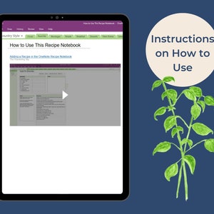 Peut inclure: Une capture d'&eacute;cran d'une tablette affichant un carnet de recettes OneNote. Le carnet est ouvert sur une page intitul&eacute;e "Ajouter une recette dans le carnet de recettes OneNote". La page contient un tableau avec des colonnes pour les ingr&eacute;dients, les instructions et les notes. Un bouton de lecture vert est visible &agrave; l'&eacute;cran. Le texte "Comment utiliser ce carnet de recettes" est affich&eacute; en haut de l'&eacute;cran.
