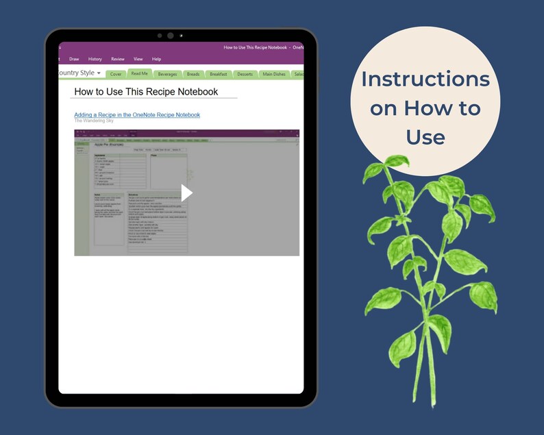Peut inclure: Une capture d'&eacute;cran d'une tablette affichant un carnet de recettes OneNote. Le carnet est ouvert sur une page intitul&eacute;e "Ajouter une recette dans le carnet de recettes OneNote". La page contient un tableau avec des colonnes pour les ingr&eacute;dients, les instructions et les notes. Un bouton de lecture vert est visible &agrave; l'&eacute;cran. Le texte "Comment utiliser ce carnet de recettes" est affich&eacute; en haut de l'&eacute;cran.