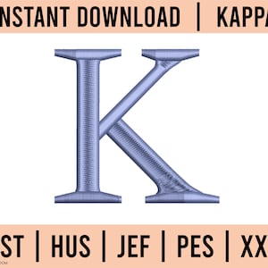 Puede incluir: Una letra "K" azul claro con una superficie texturizada, sobre un fondo blanco. La imagen incluye el texto "INSTANT DOWNLOAD | KAPPA" en la parte superior y "DST | HUS | JEF | PES | XXX" en la parte inferior.