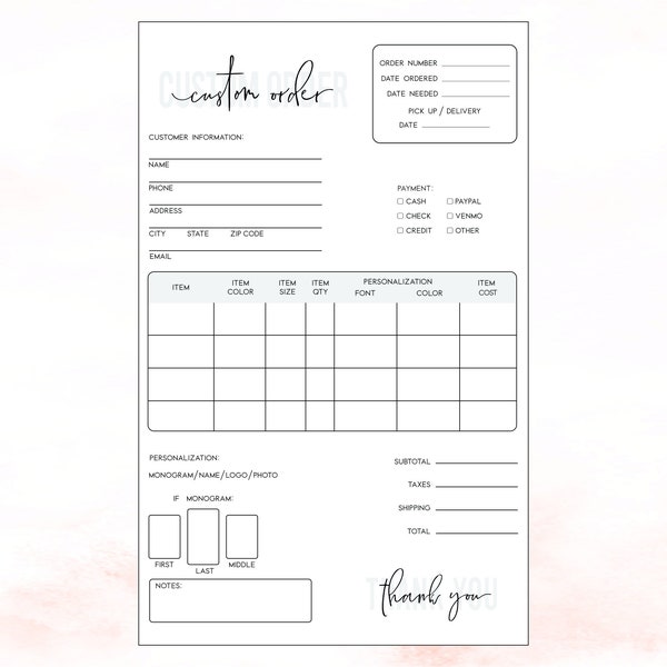 Custom Order Form Download, Monogram Order Form, Order Form PDF, Personalized Item Order Form, PDF Download Personalized Form