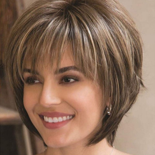 Short Brown Pixie Cut Wigs with Bangs Straight Synthetic Hair Wig