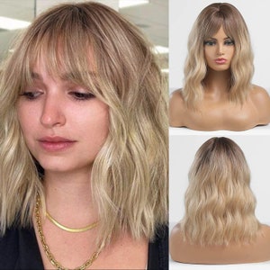Curly Blonde Wig For Women Bob Wig With Bangs BLONDE Synthetic Hair Wig……