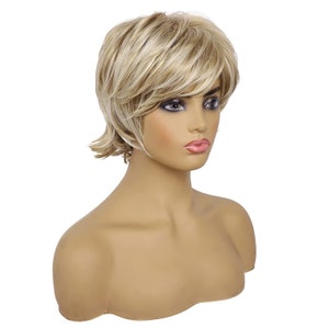 Short Blonde Pixie Cut Wig for Women With Bangs Natural Wavy Synthetic ...