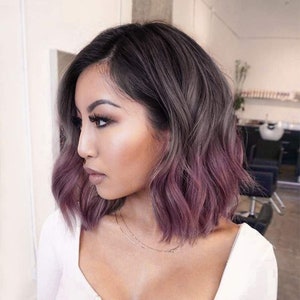 Short Wavy Bob Ombre Purple Wig, Dark Roots 3 Tones Side Part Wig, Synthetic Heat Resistant Cosplay Wigs for Women