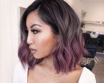 Perruque courte ondulée Bob Ombre Purple, Perruque à partie latérale Dark Roots 3 tons, perruques cosplay synthétiques résistantes à la chaleur pour femmes