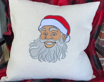 Christmas pillow, African American/Black Santa Embroidered pillow cover 18x18, Black art, Christmas sofa, Afrocentric art pillow, Santa
