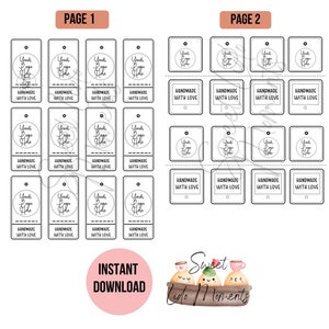 Op de afbeelding: Printbare cadeau-etiketten met een cirkel voor een logo en de tekst "Uw logo hier" en "Handgemaakt met liefde". De etiketten zijn in zwart-wit en zijn gerangschikt in een raster op een witte achtergrond. De tekst "Pagina 1" en "Pagina 2" staat bovenaan de pagina. De tekst "Direct downloaden" staat onderaan de pagina.