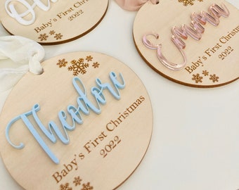 First Christmas Personalized Baby Ornament, Wood and acrylic Baby Ornament, Baby&#39;s First Christmas Ornament, Acrylic ornament