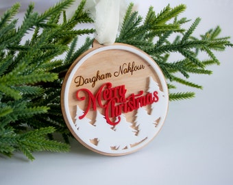 Personalized Christmas ornament, Engraved family ornament, Wood and acrylic ornament