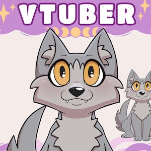 May include: A cartoon illustration featuring a gray wolf with large orange eyes and a friendly expression. The word "VTUBER" is displayed in white letters above the wolf, set against a purple background with decorative elements.