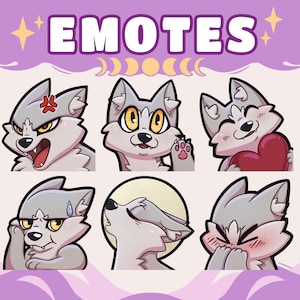 Pode incluir: Ilustração digital com seis emotes de lobo com várias expressões. Os emotes incluem um lobo zangado, um lobo acenando, um lobo segurando um coração, um lobo preocupado, um lobo uivando e um lobo tímido. A palavra "EMOTES" está no topo.