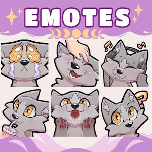 Pode incluir: Gráfico de arte digital com seis emotes de lobo de desenho animado com várias expressões. Os emotes incluem choro, felicidade, ouvir música, beber uma bebida, mostrar a língua e uma expressão confusa. A palavra "EMOTES" está no topo.