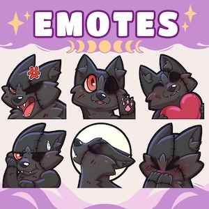 Pode incluir: Gráfico de arte digital com seis emotes de lobo de desenho animado com várias expressões. Os lobos são principalmente pretos com detalhes costurados e tapa-olhos. A palavra "EMOTES" é exibida em letras brancas no topo, em um fundo roxo.