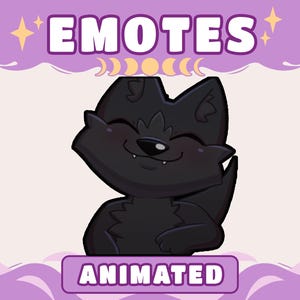 May include: A digital graphic of a smiling black wolf character with pink cheeks. The word "EMOTES" is at the top, and "ANIMATED" is at the bottom, both in white text on a purple background.
