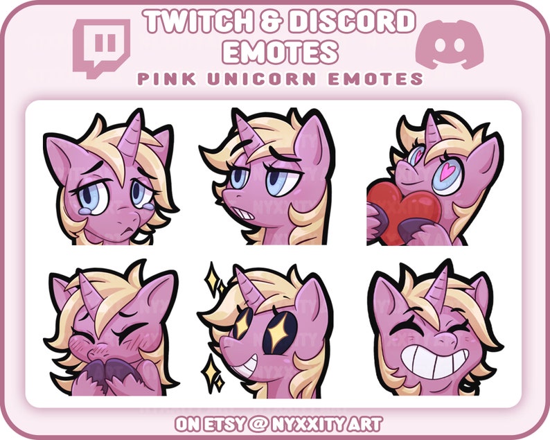 Pink Unicorn Twitch and Discord Emotes 6 Cute Emojis for Etsy