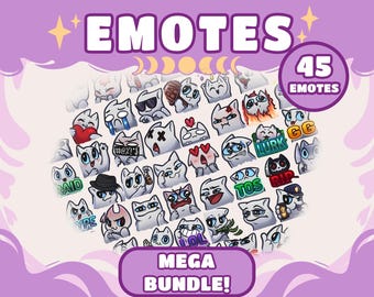 Émoticônes chat blanc | Pack de 45 émoticônes chat pour Twitch et Discord | Ensemble d'emojis chaton mignon | Émoticônes de stream dessinées à la main | Pack de ressources pour streamers