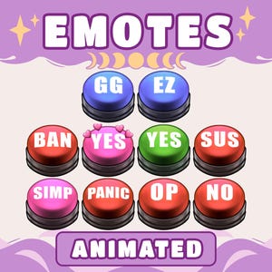 May include: Animated emotes with various text labels, including "GG," "EZ," "BAN," "YES," "SUS," "SIMP," "PANIC," "OP," and "NO." The buttons are in various colors, such as blue, red, green, and pink, set against a purple background.