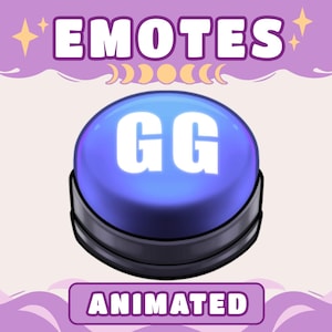 May include: A blue animated button with the letters "GG" in white. The button is surrounded by a black ring and set against a purple background with the word "EMOTES" at the top and "ANIMATED" at the bottom.