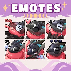 May include: A digital art print featuring six different emotes of a black and red character with various expressions. The word "EMOTES" is written at the top in white letters. The background is a light purple color.