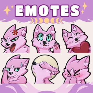 Pode incluir: Gráfico digital com a palavra "EMOTES" em branco sobre um fundo roxo. A imagem apresenta seis personagens de lobo rosa de desenho animado com diferentes expressões, incluindo raiva, felicidade e timidez.