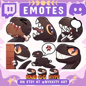 May include: A set of 8 Twitch emotes featuring a cartoon dinosaur in various poses. The emotes are designed for use on Twitch and other streaming platforms. The emotes include a dinosaur eating a drumstick, a dinosaur with its mouth open, a dinosaur with its eyes closed, a dinosaur with its tongue sticking out, a dinosaur with its teeth showing, a dinosaur with its head tilted, a dinosaur with its arms crossed, and a dinosaur with its tail wagging. The emotes are all in a cartoon style and are brightly colored.