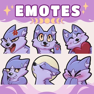 Pode incluir: Gráfico de arte digital com a palavra "EMOTES" em texto branco sobre um fundo roxo. A imagem apresenta seis personagens de lobos de desenho animado com diferentes expressões, incluindo raiva, felicidade e timidez. Os lobos são principalmente roxos e brancos.