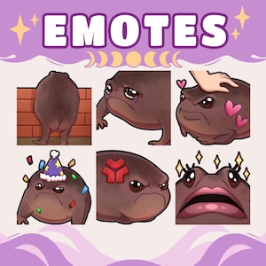 May include: A digital art graphic with the word "EMOTES" in white letters on a purple background. The image features six different brown frog illustrations with various expressions, including crying, angry, and happy.