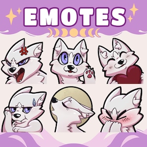 Pode incluir: Gráfico de arte digital com seis emotes de lobo branco com várias expressões. Os emotes incluem um lobo zangado, um lobo surpreso, um lobo feliz segurando um coração, um lobo preocupado, um lobo uivando e um lobo corado. A palavra "EMOTES" está no topo.