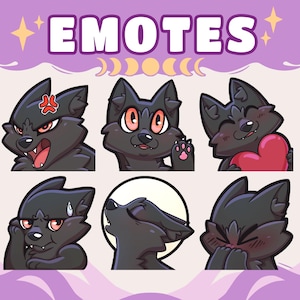Pode incluir: Gráfico de arte digital com seis emotes de lobo preto com várias expressões. Os emotes incluem rostos zangados, felizes, acenando, tímidos, uivando e corando. A palavra "EMOTES" está no topo em branco sobre um fundo roxo.