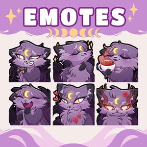 Könnte beinhalten: Sechs digitale Emotes mit einer lila katzenartigen Figur mit einem Mond auf der Stirn. Die Emotes zeigen verschiedene Ausdrücke, von Freude bis Wut. Das Wort „EMOTES“ ist oben abgebildet.