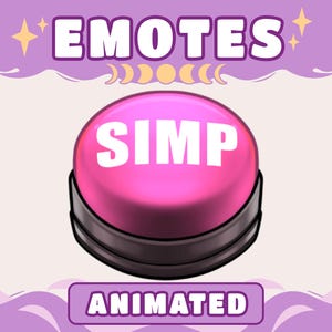 May include: A pink button with the word "SIMP" in white, set against a purple background with the word "EMOTES" at the top and "ANIMATED" at the bottom. The design includes star and moon graphics.